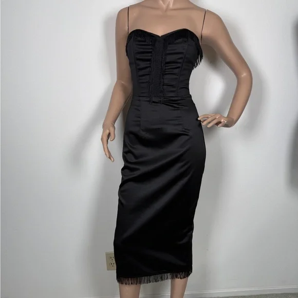 Collectif black satin fringe bustier dress - Picture 2 of 6